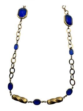 Vintage Gold Tone Cobalt Blue Faceted Glass Stone Long Station Necklace